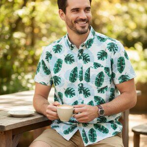 J. Crew Hawaiian Green Leaf On White Slim Men Short Sleeve Shirt Size L